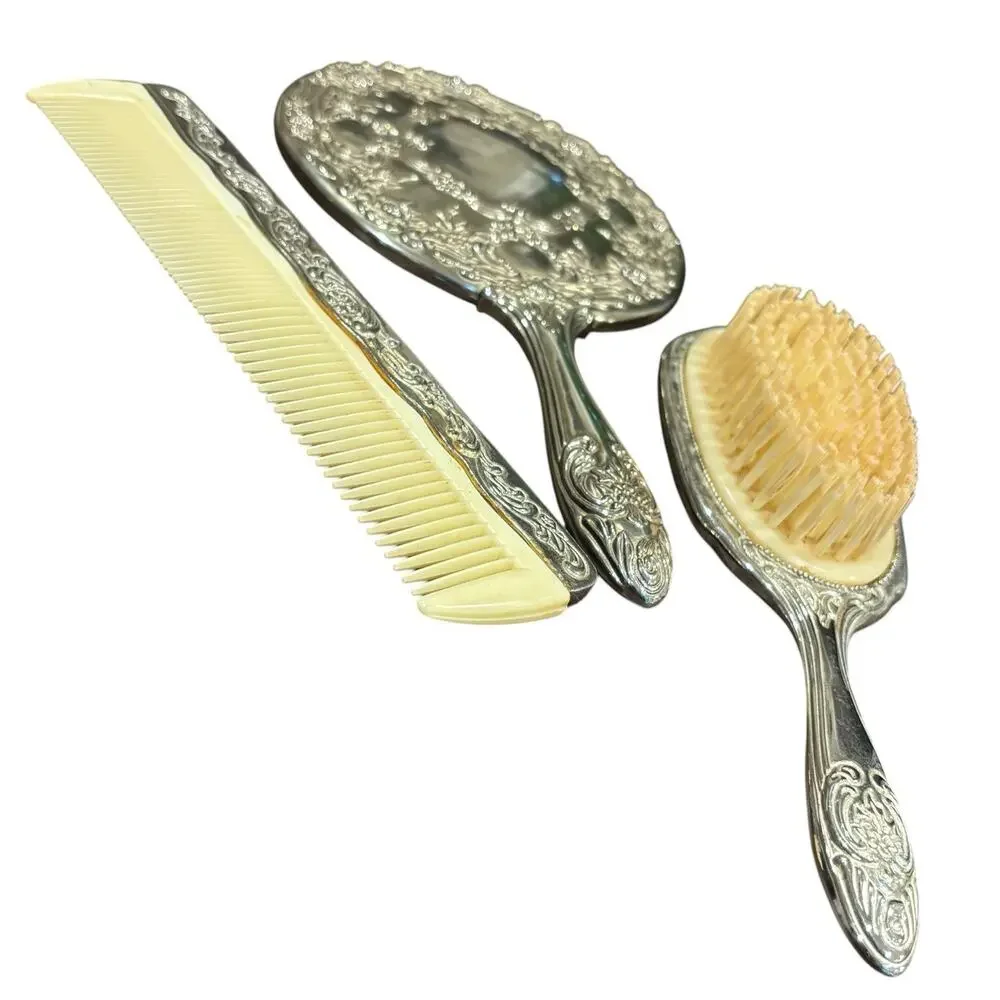 Vintage Silver Plated Vanity Set Heavy Repoussé Floral Mirror Brush Comb